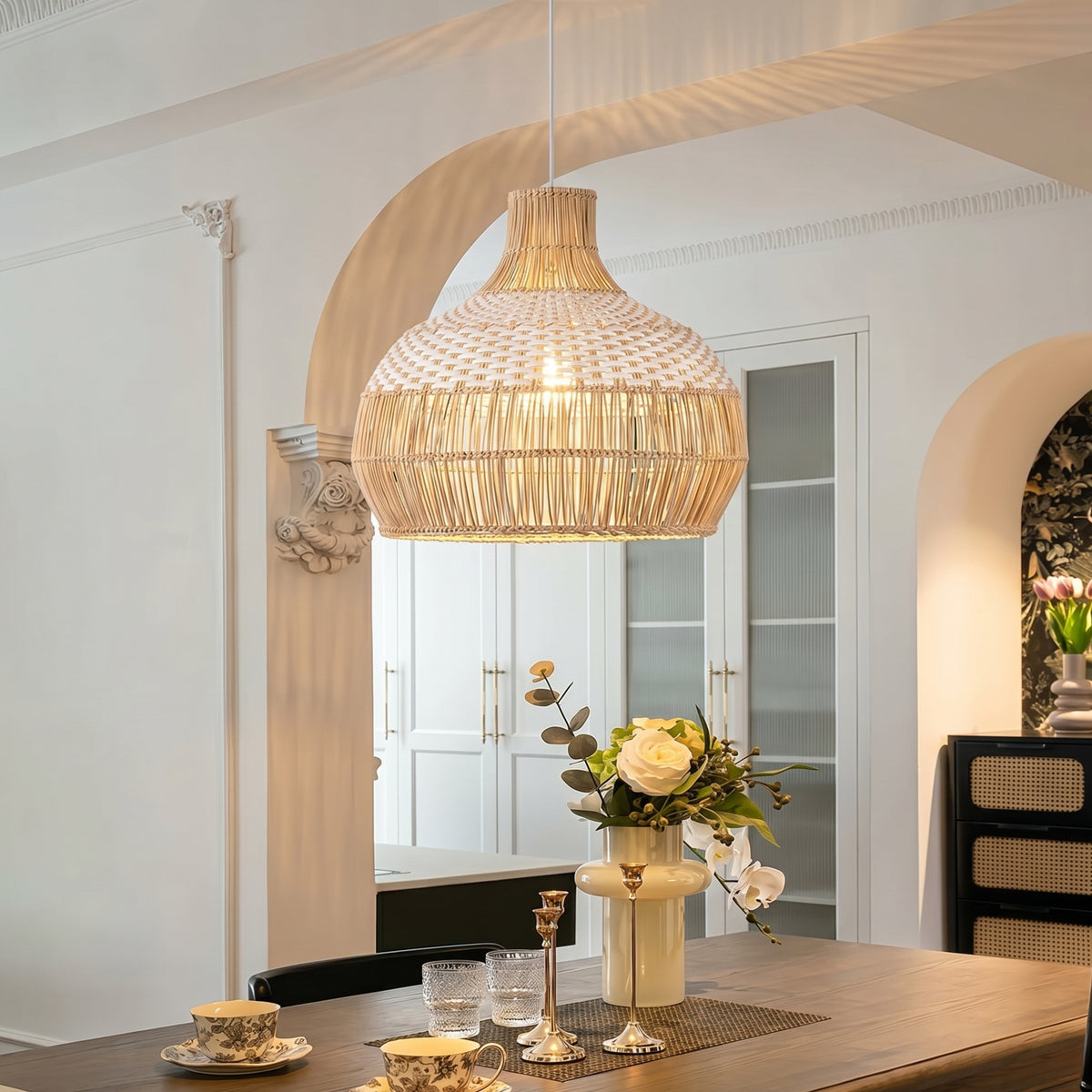 White Woven Rattan Lampshade Minimalist Coastal Pendant Light