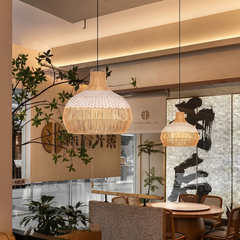 White Woven Rattan Lampshade Minimalist Coastal Pendant Light
