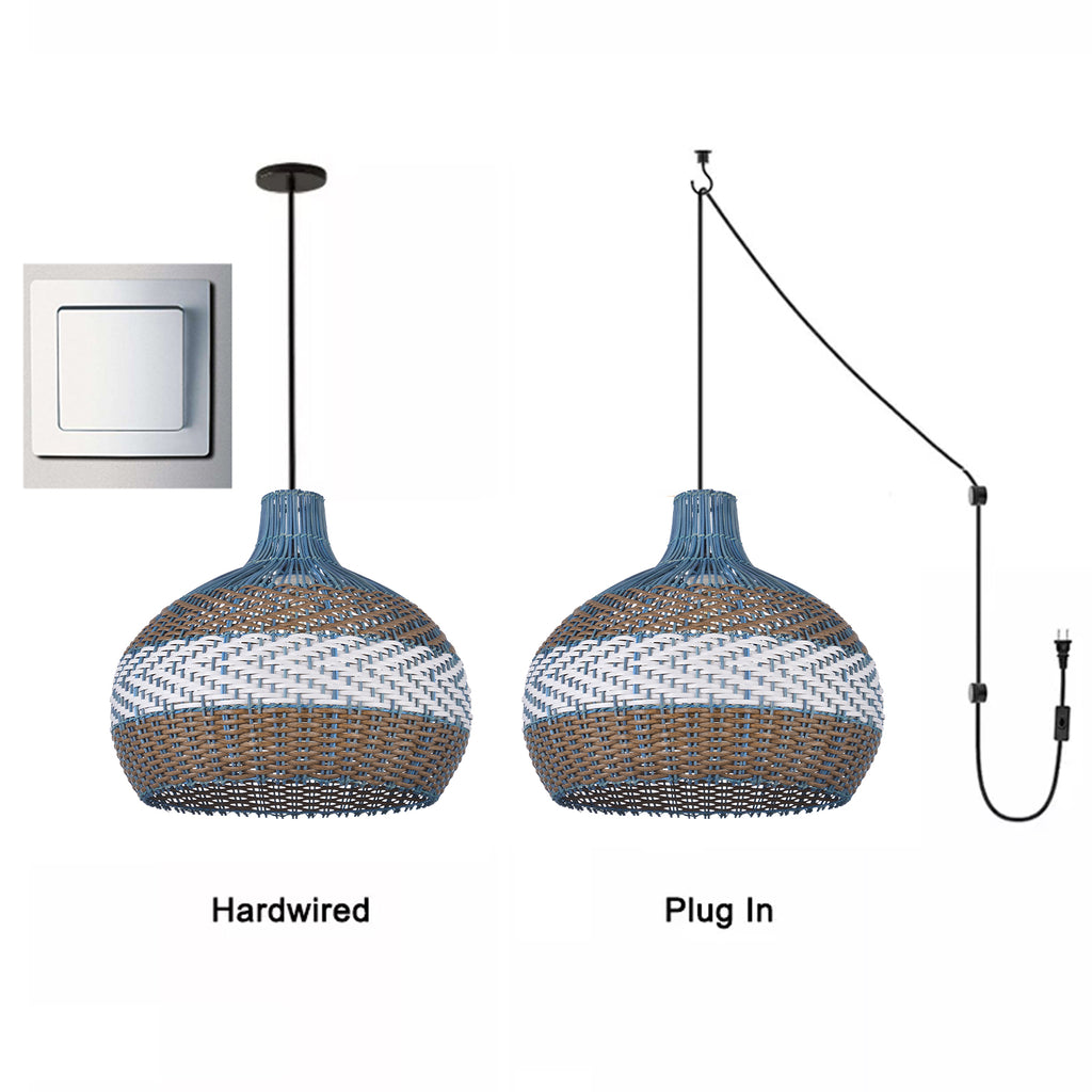 Blue Rattan Pendant Light Hamptons-Style Kitchen Island Fixture