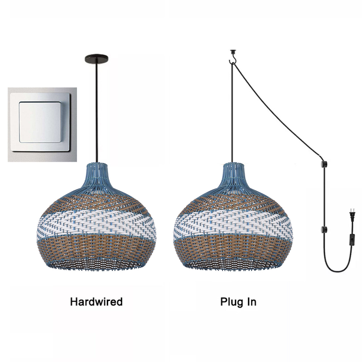 Blue Rattan Pendant Light Hamptons-Style Kitchen Island Fixture