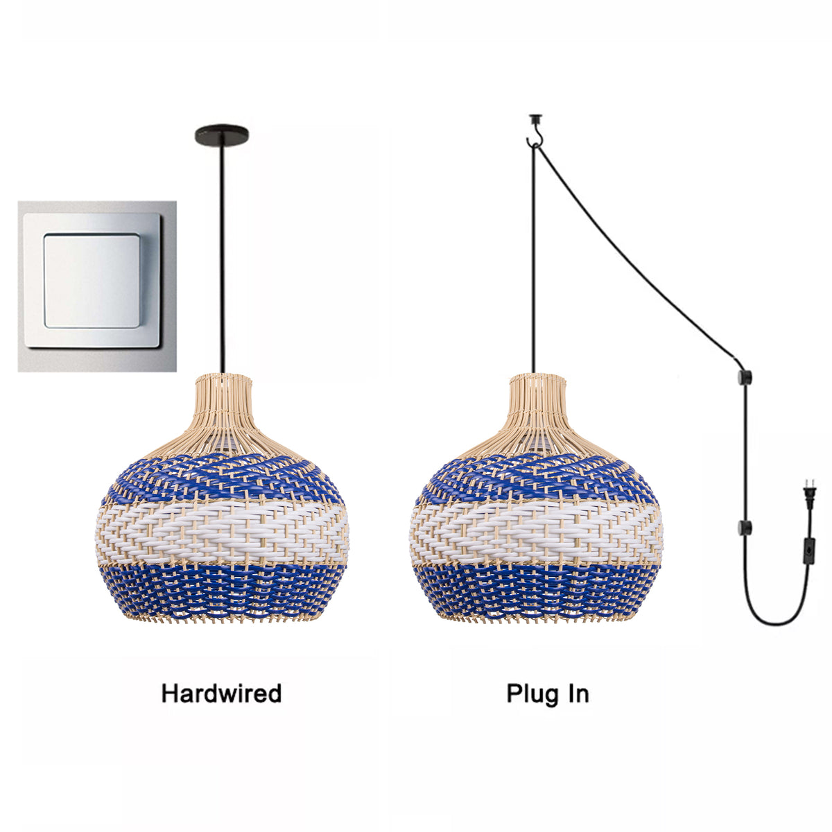 Royal Blue Rattan Pendant Light Boho Farmhouse Dining Room Chandelier