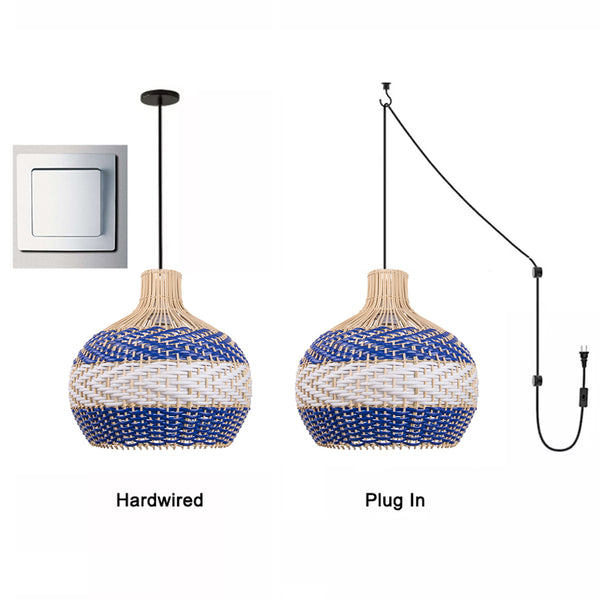 Royal Blue Rattan Pendant Light Boho Farmhouse Dining Room Chandelier