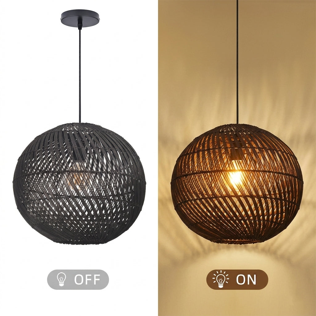Black Rattan Pendant Light Modern Round Island Chandelier