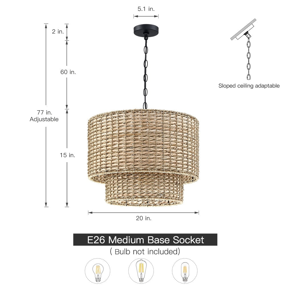 Double-Layer Seagrass Pendant Light Wabi-Sabi Living Room Chandelier