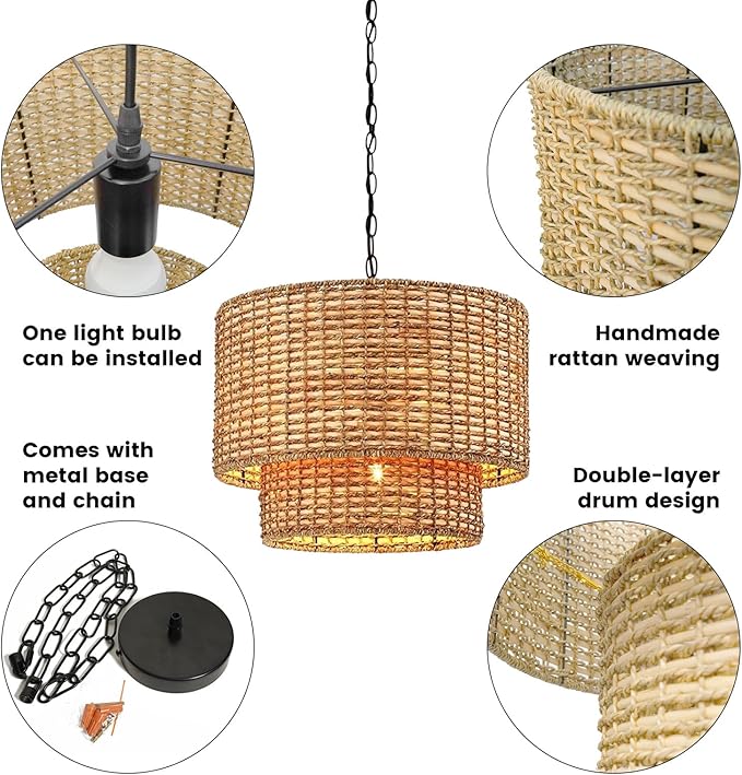 Double-Layer Seagrass Pendant Light Wabi-Sabi Living Room Chandelier
