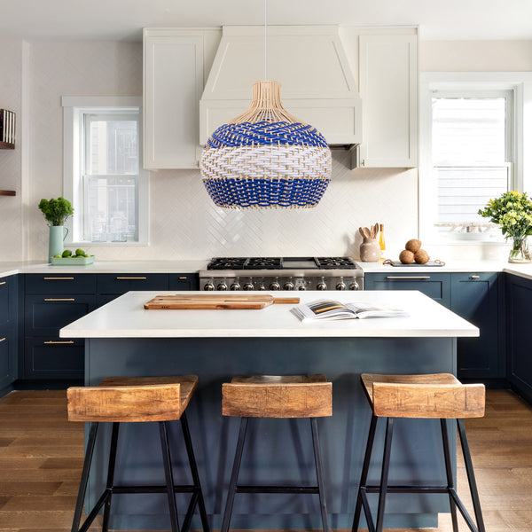 Royal Blue Rattan Pendant Light Boho Farmhouse Dining Room Chandelier