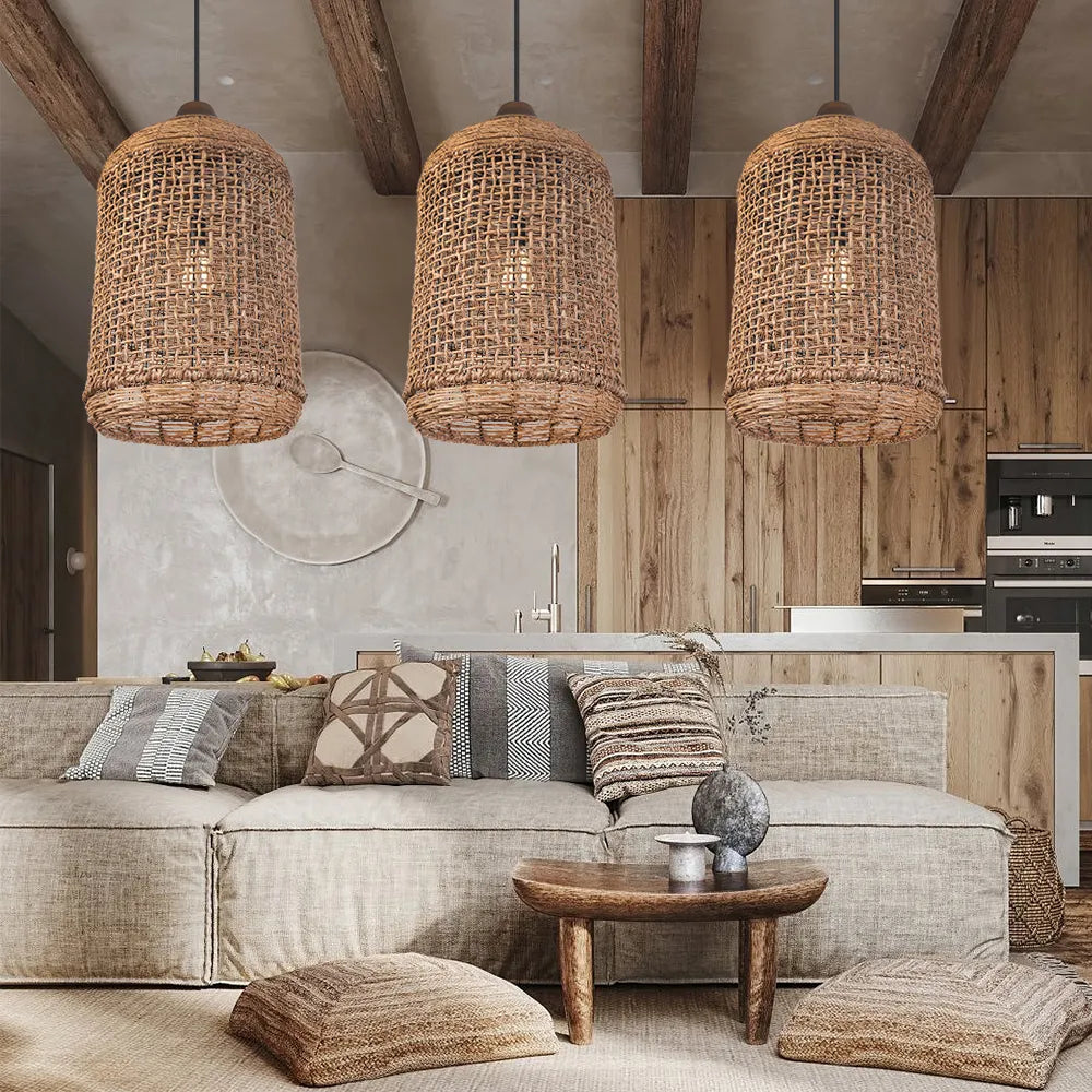 Oversized Wabi-Sabi Rattan Pendant Light Large Kitchen Island Fixture