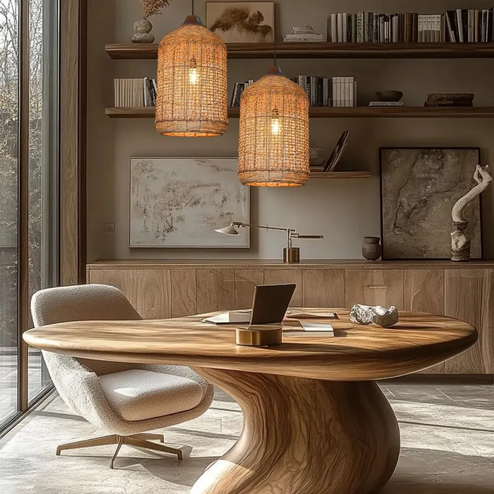 Oversized Wabi-Sabi Rattan Pendant Light Large Kitchen Island Fixture