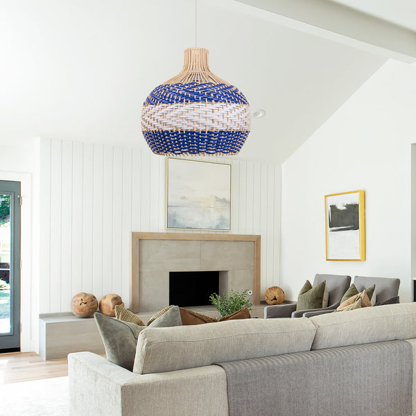 Royal Blue Rattan Pendant Light Boho Farmhouse Dining Room Chandelier
