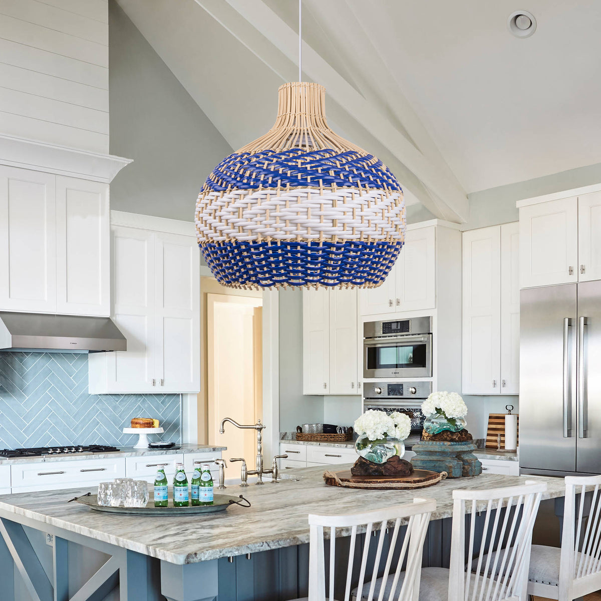 Royal Blue Rattan Pendant Light Boho Farmhouse Dining Room Chandelier