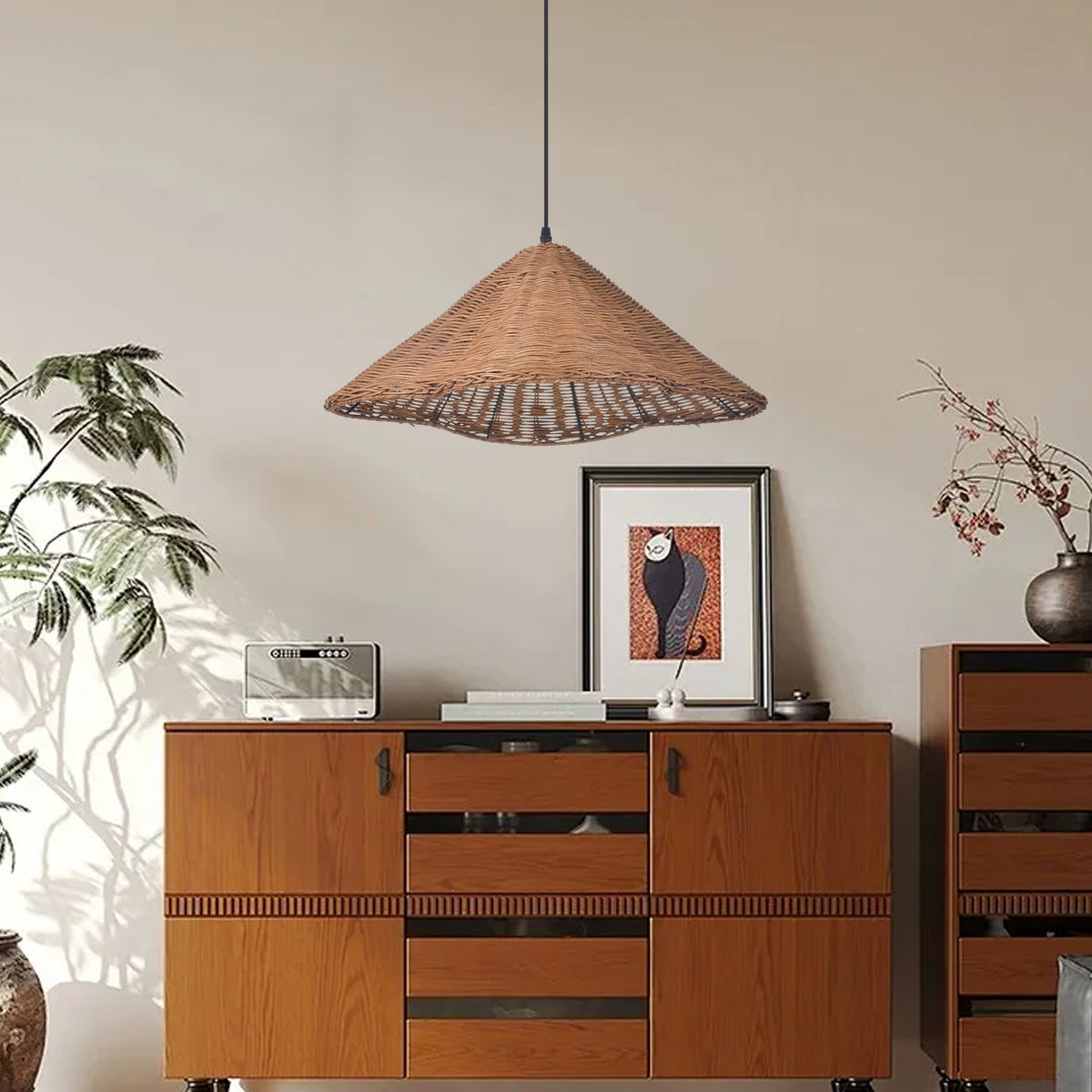 Mid-Century Modern Rattan Chandelier Living Room Pendant Light