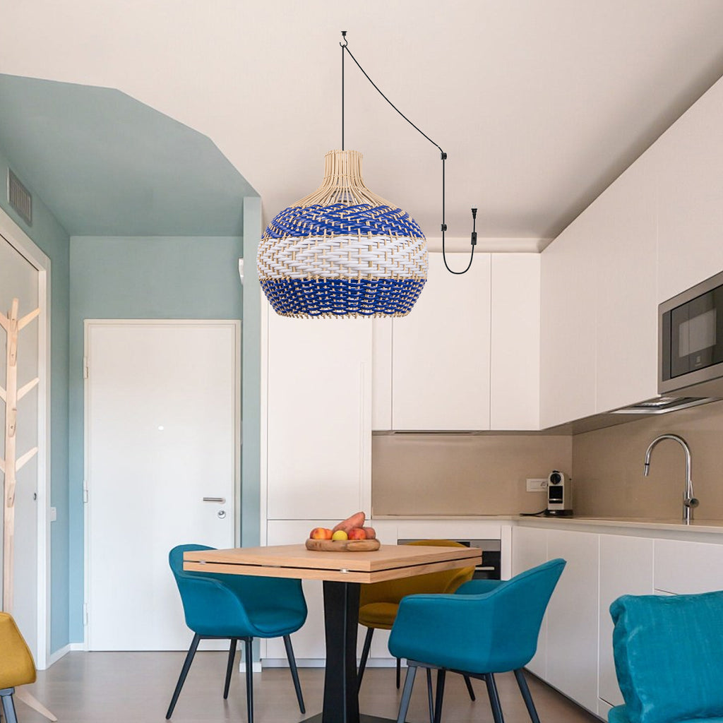 Royal Blue Rattan Pendant Light Boho Farmhouse Dining Room Chandelier