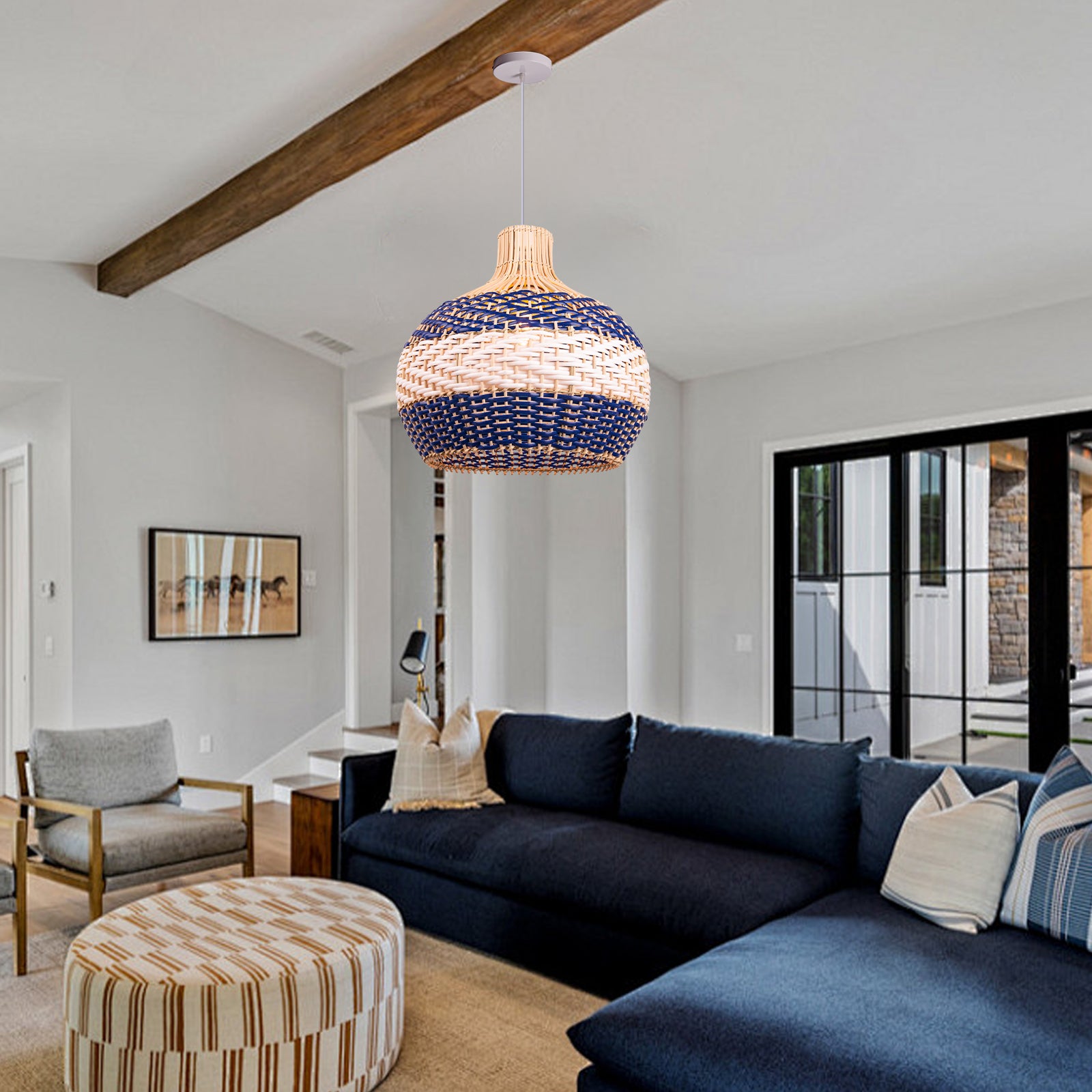 Royal Blue Rattan Pendant Light Boho Farmhouse Dining Room Chandelier Secondary image