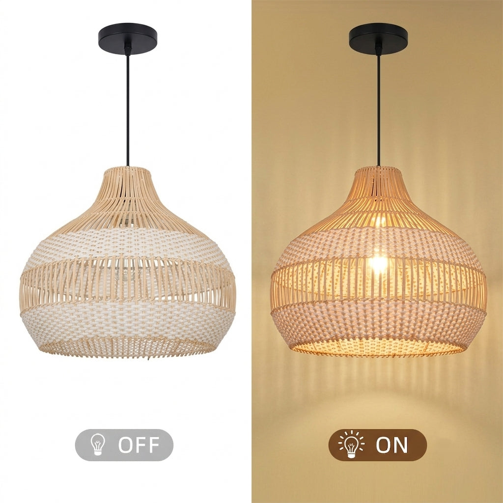 White Woven Rattan Pendant Light Minimalist Coastal Ceiling Lamp