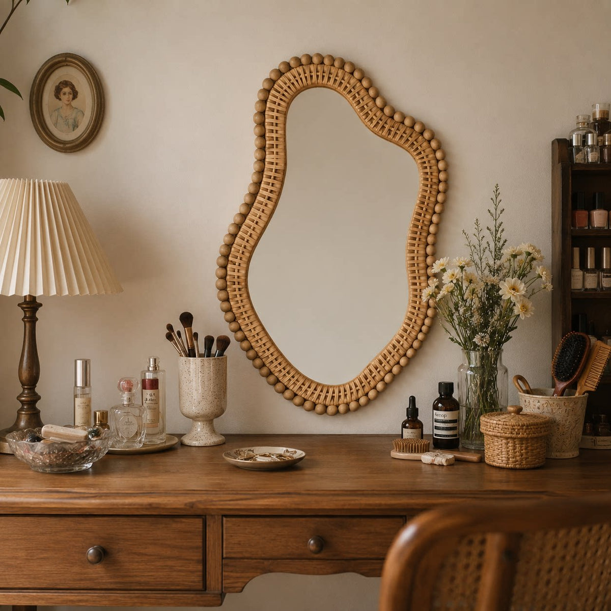 Boho Irregular Wall Mirror with Wooden Beads