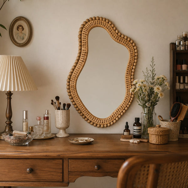 Boho Irregular Wall Mirror with Wooden Beads