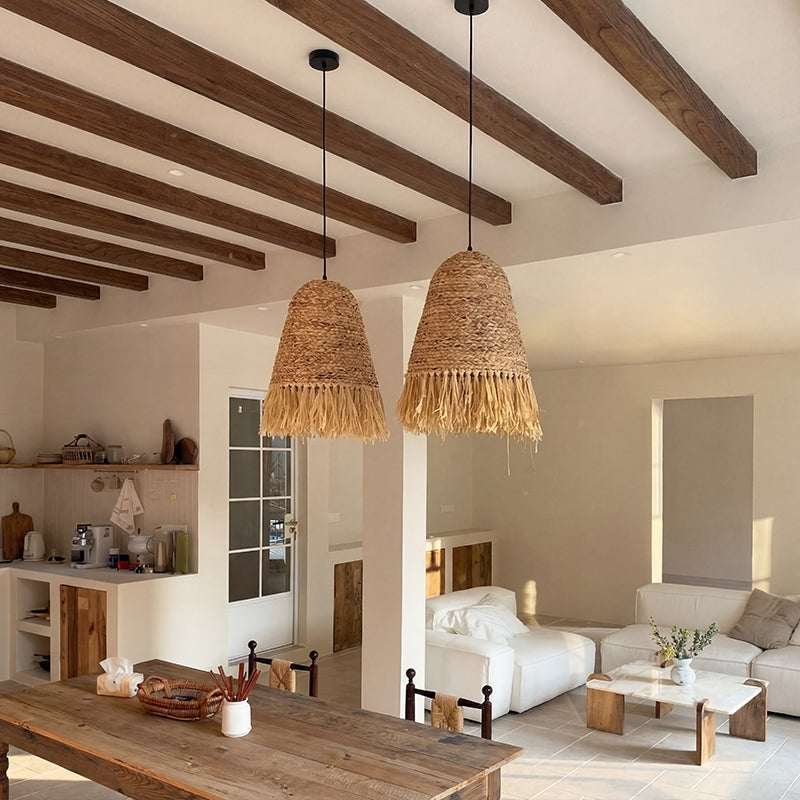 Japanese Dome Grass Rope Raffia Pendant Light Japandi Bedroom Lighting