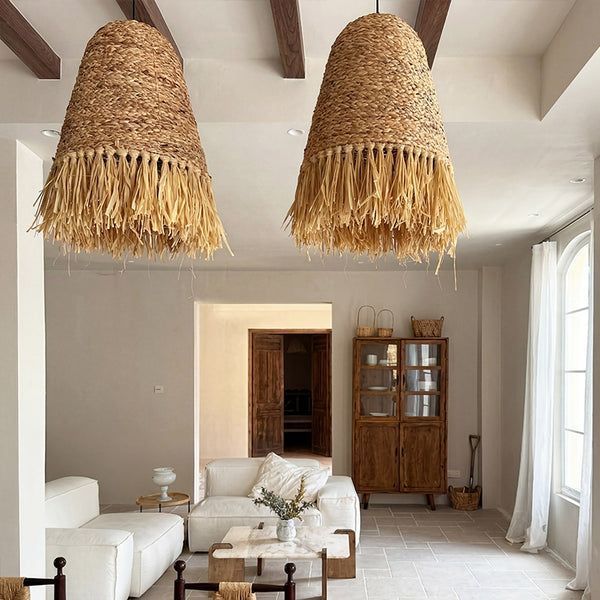 Japanese Dome Grass Rope Raffia Pendant Light Japandi Bedroom Lighting