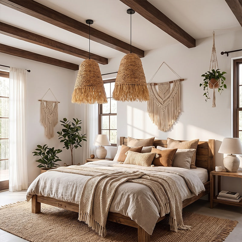 Japanese Dome Grass Rope Raffia Pendant Light Japandi Bedroom Lighting