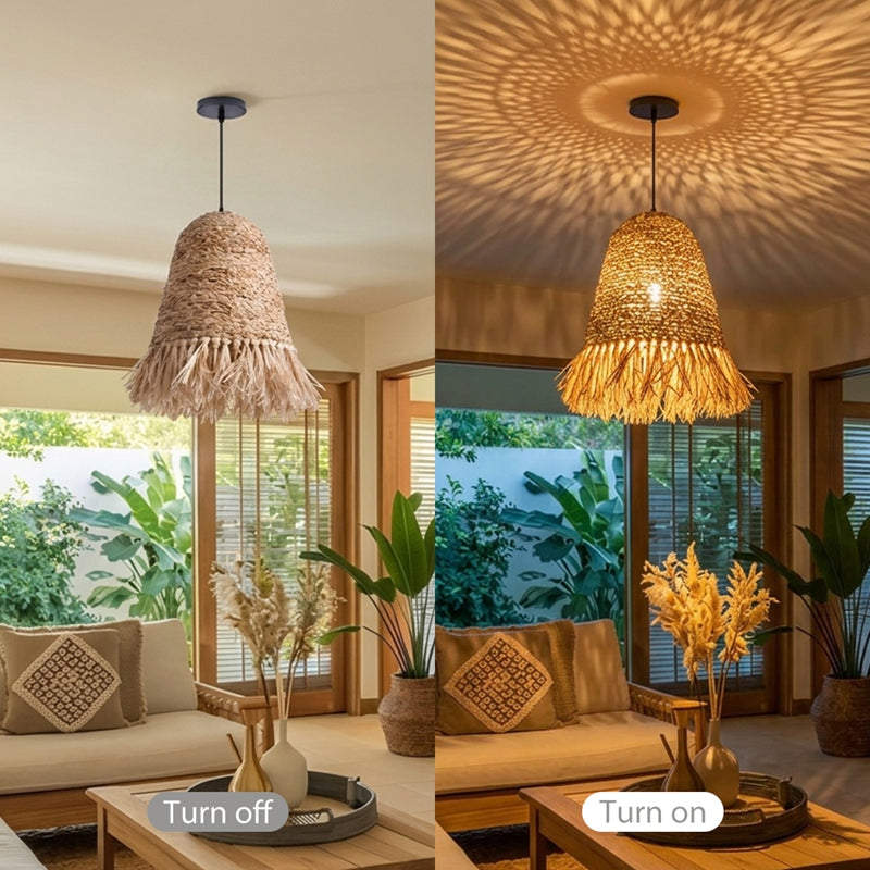Japanese Dome Grass Rope Raffia Pendant Light Japandi Bedroom Lighting