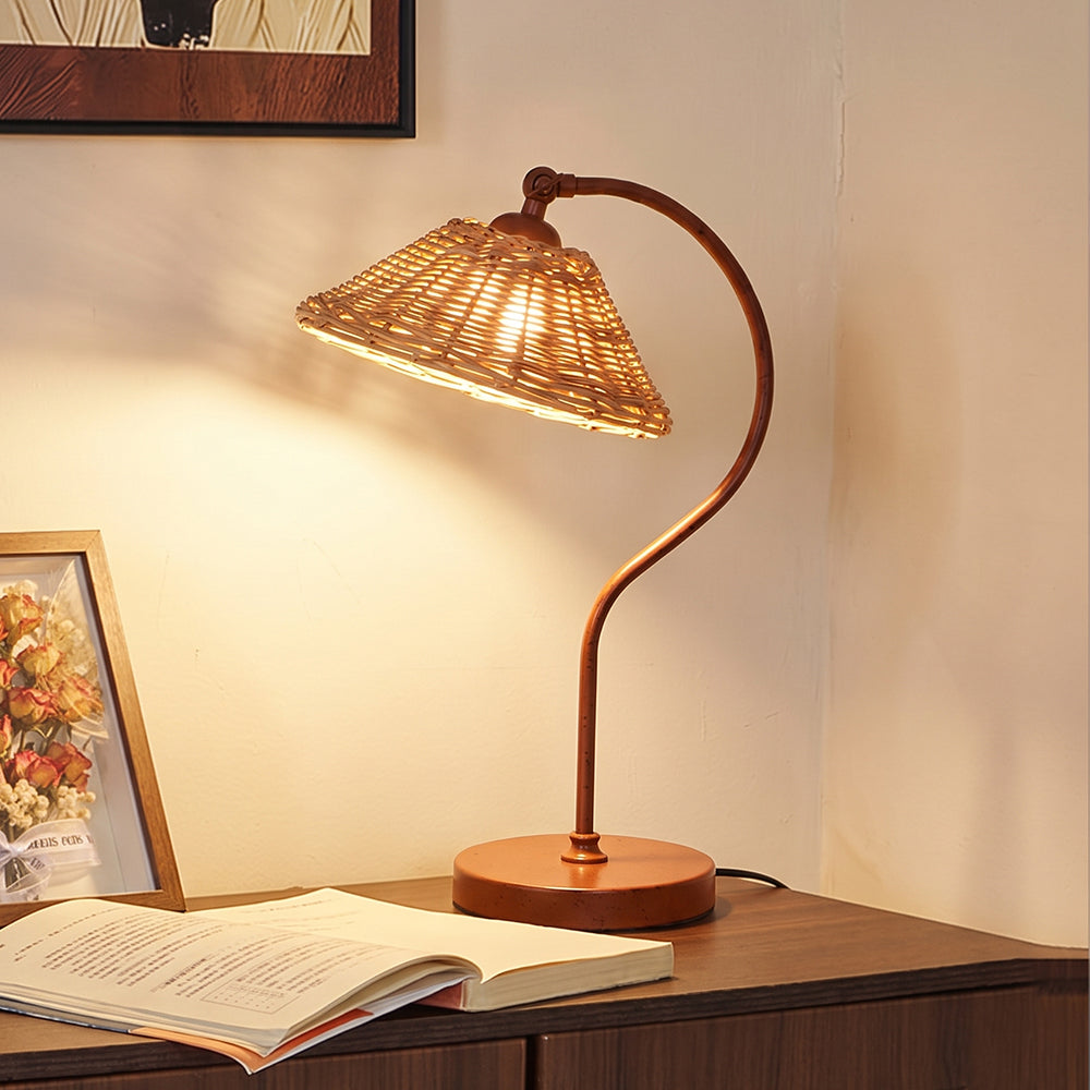 Handwoven Rattan Table Lamp Art Deco Bedside Desk Light