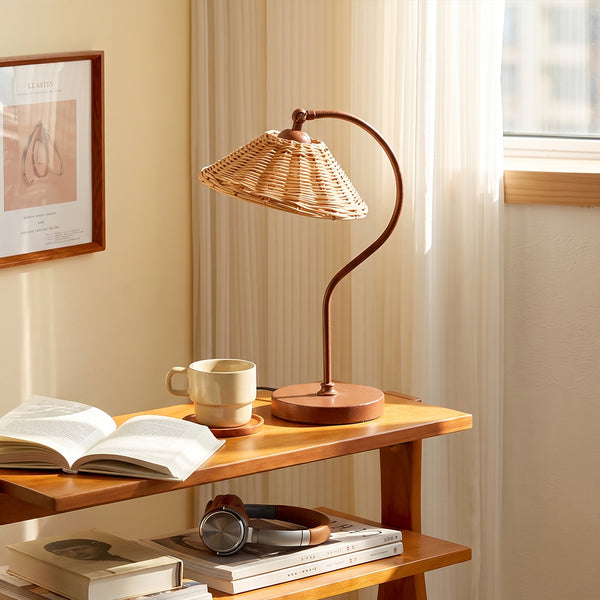 Handwoven Rattan Table Lamp Art Deco Bedside Desk Light
