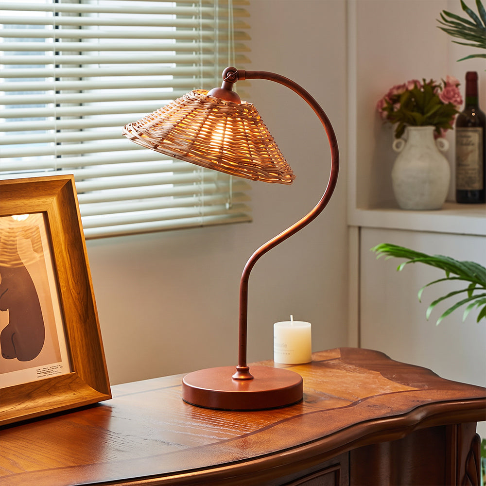 Handwoven Rattan Table Lamp Art Deco Bedside Desk Light