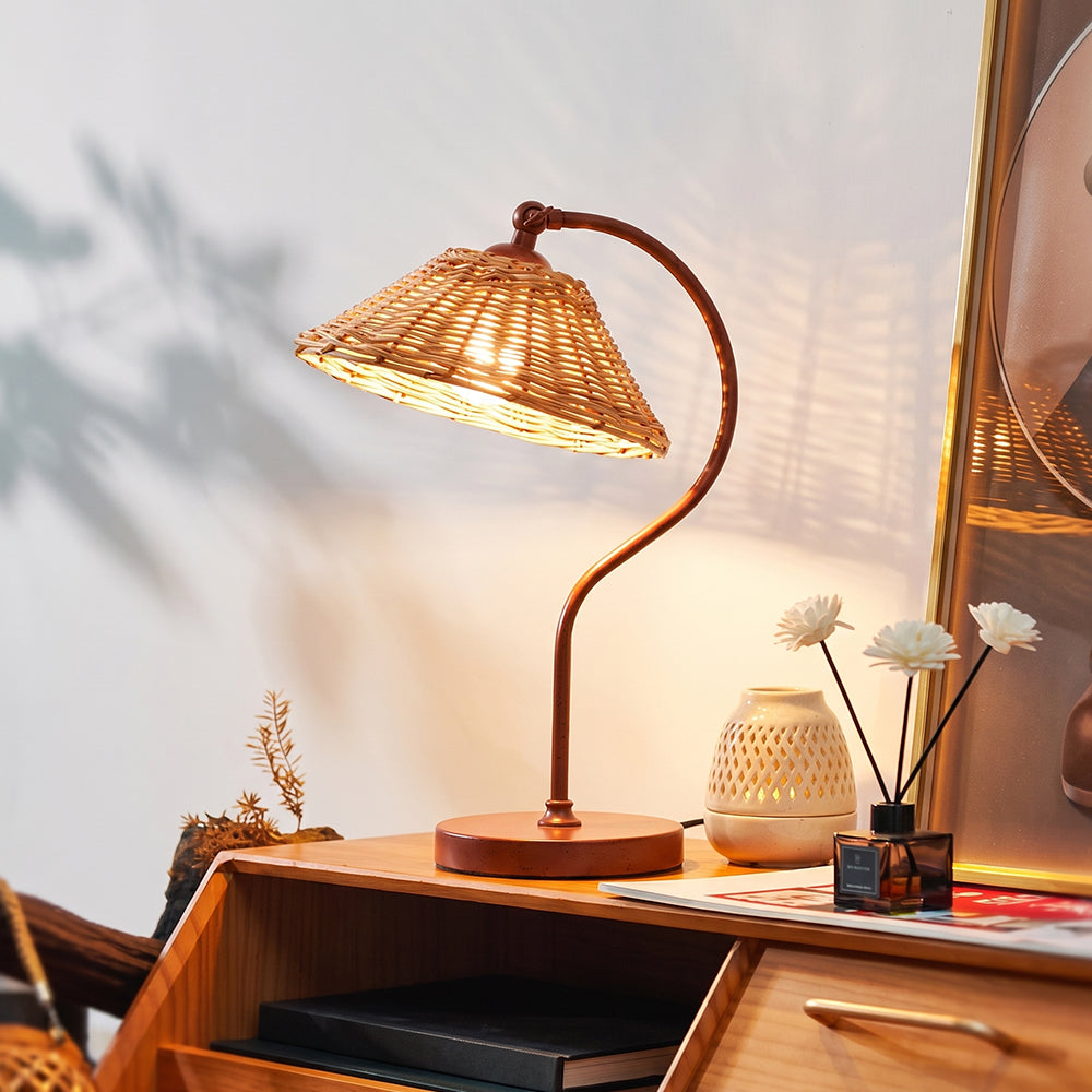 Handwoven Rattan Table Lamp Art Deco Bedside Desk Light