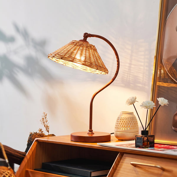 Handwoven Rattan Table Lamp Art Deco Bedside Desk Light