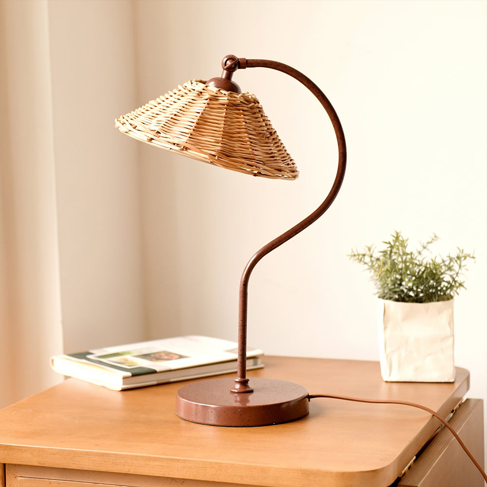 Handwoven Rattan Table Lamp Art Deco Bedside Desk Light