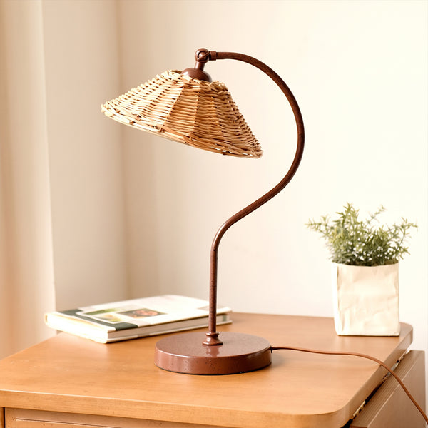 Handwoven Rattan Table Lamp Art Deco Bedside Desk Light