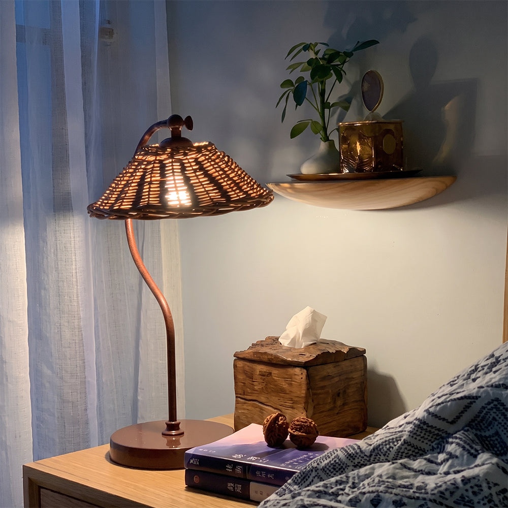 Handwoven Rattan Table Lamp Art Deco Bedside Desk Light