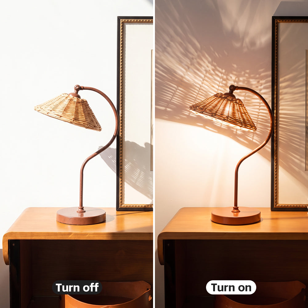 Handwoven Rattan Table Lamp Art Deco Bedside Desk Light