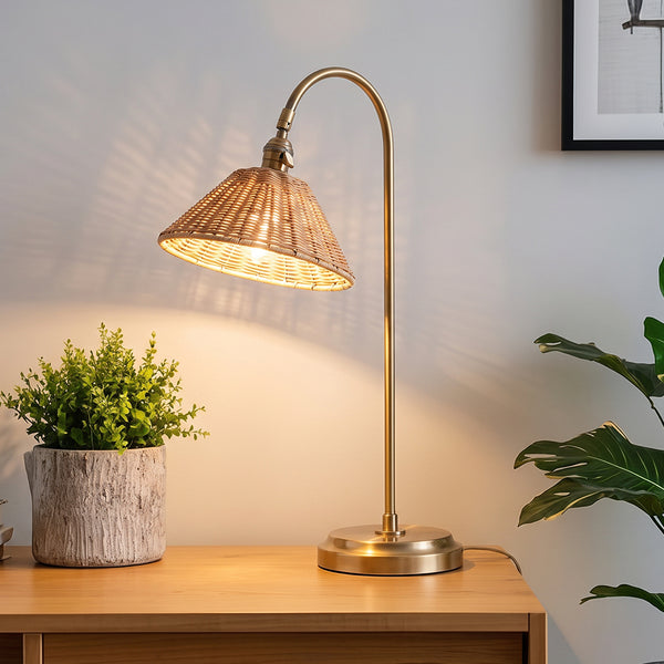 Brass & Rattan Table Lamp Tapered Woven Shade Accent Light