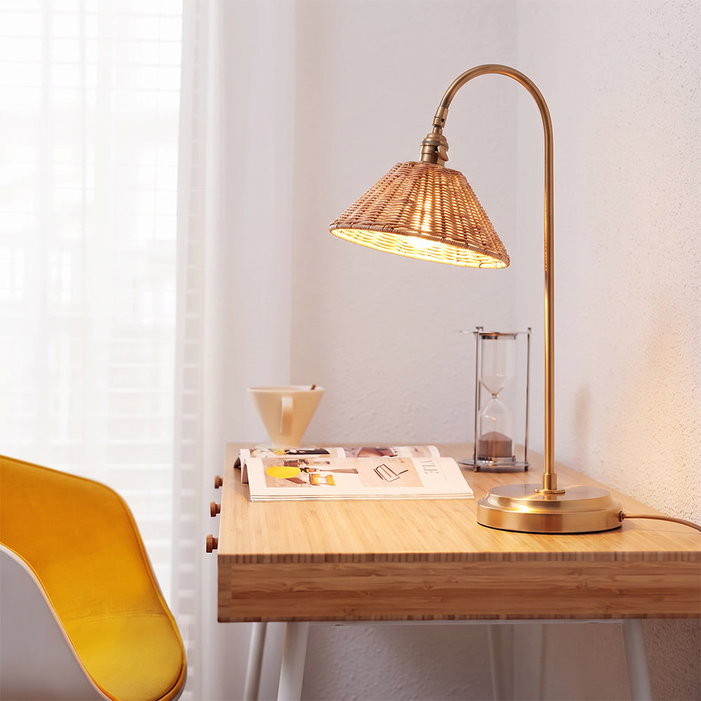 Brass & Rattan Table Lamp Tapered Woven Shade Accent Light
