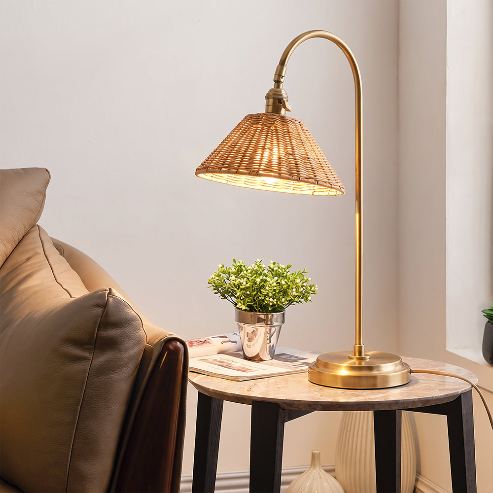 Brass & Rattan Table Lamp Tapered Woven Shade Accent Light