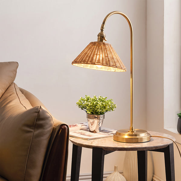 Brass & Rattan Table Lamp Tapered Woven Shade Accent Light