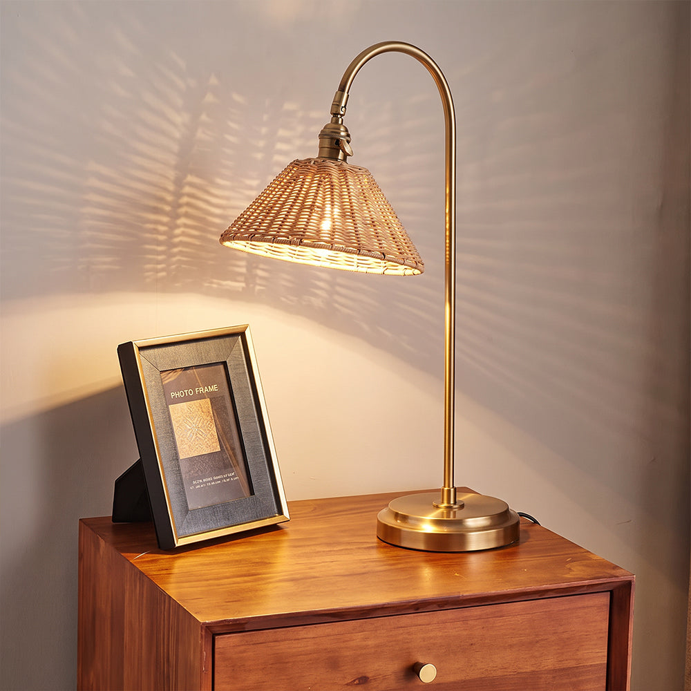 Brass & Rattan Table Lamp Tapered Woven Shade Accent Light