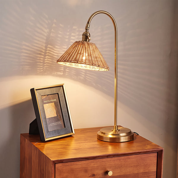 Brass & Rattan Table Lamp Tapered Woven Shade Accent Light