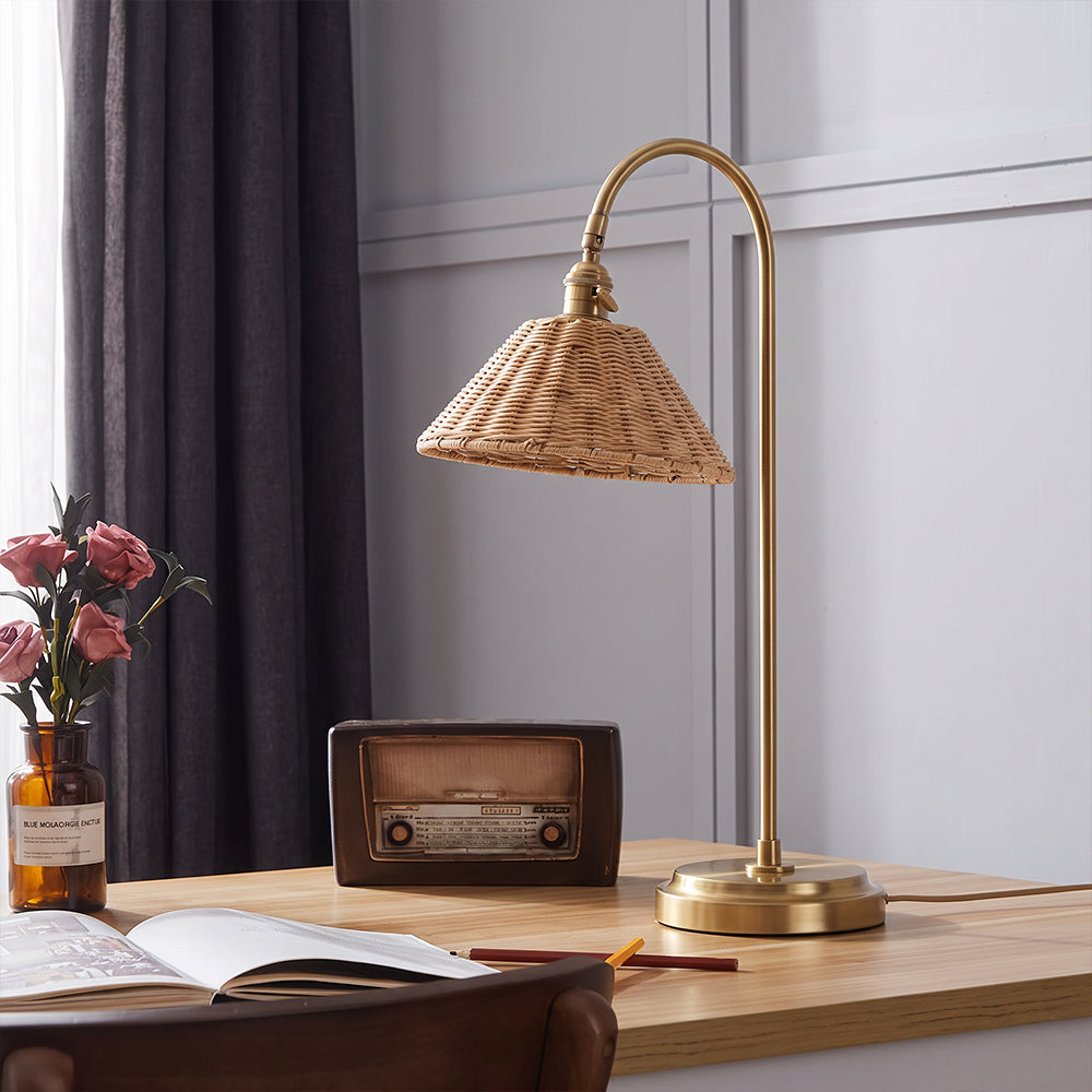Brass & Rattan Table Lamp Tapered Woven Shade Accent Light Main image