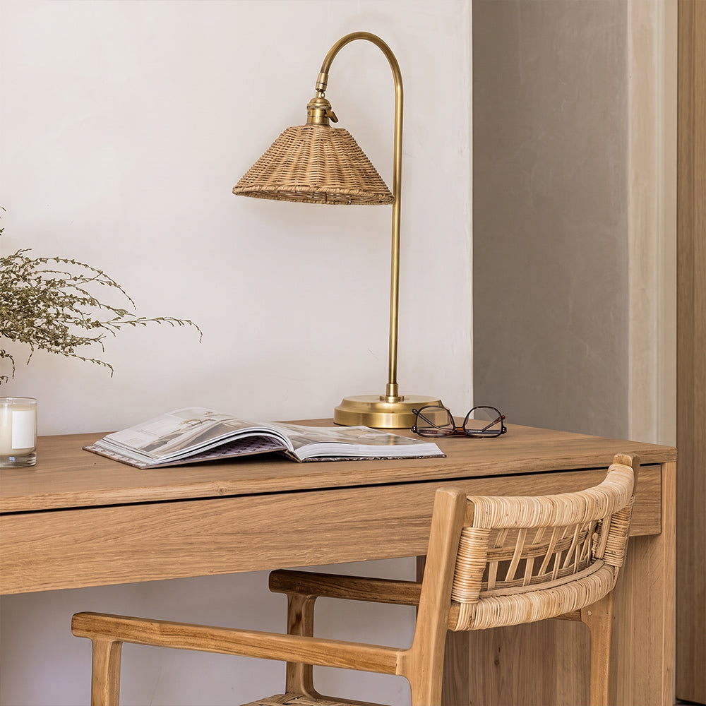 Brass & Rattan Table Lamp Tapered Woven Shade Accent Light