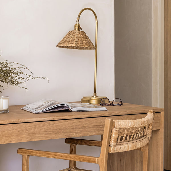 Brass & Rattan Table Lamp Tapered Woven Shade Accent Light