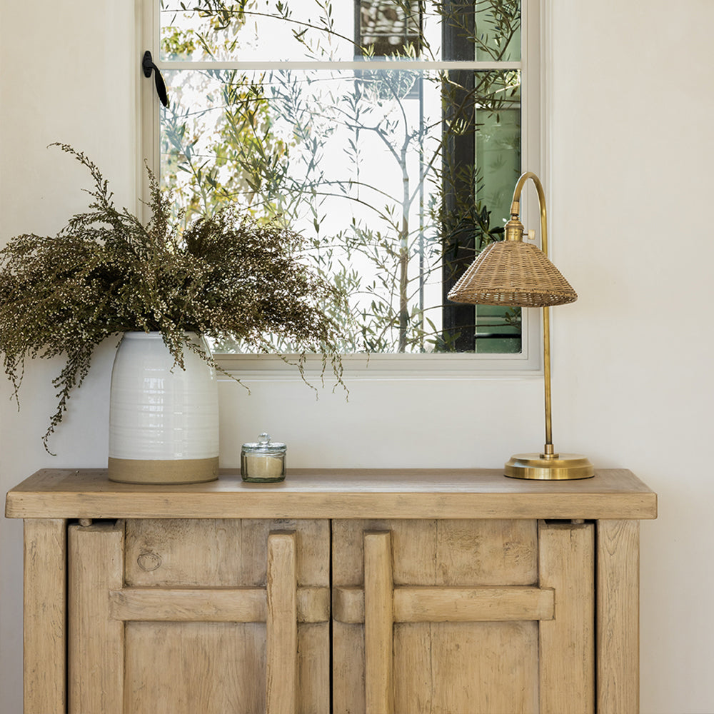 Brass & Rattan Table Lamp Tapered Woven Shade Accent Light