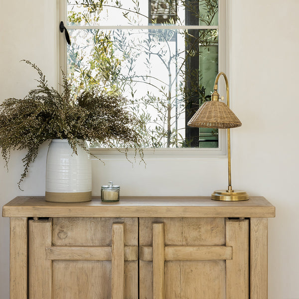 Brass & Rattan Table Lamp Tapered Woven Shade Accent Light