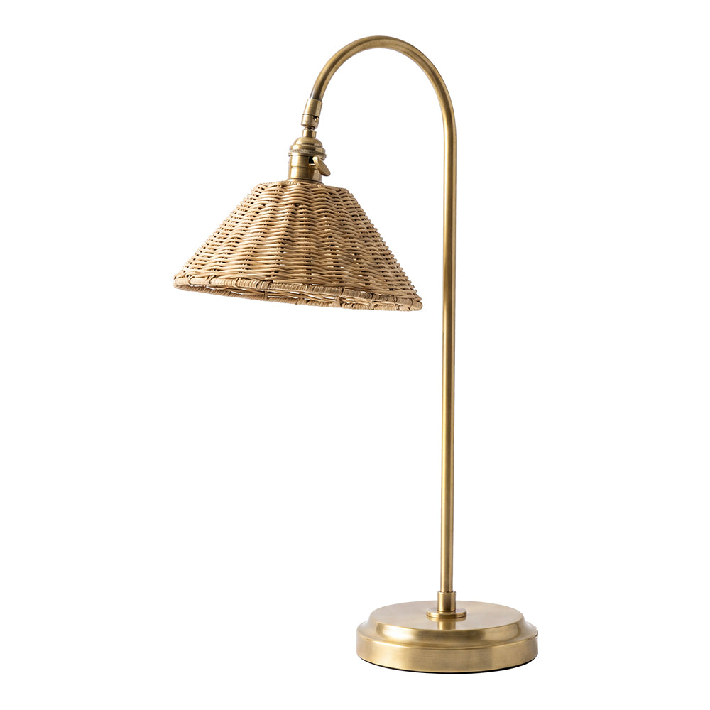 Brass & Rattan Table Lamp Tapered Woven Shade Accent Light