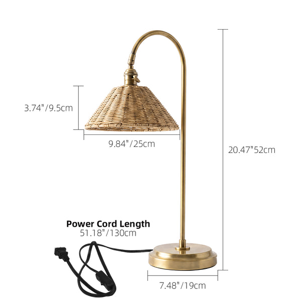 Brass & Rattan Table Lamp Tapered Woven Shade Accent Light