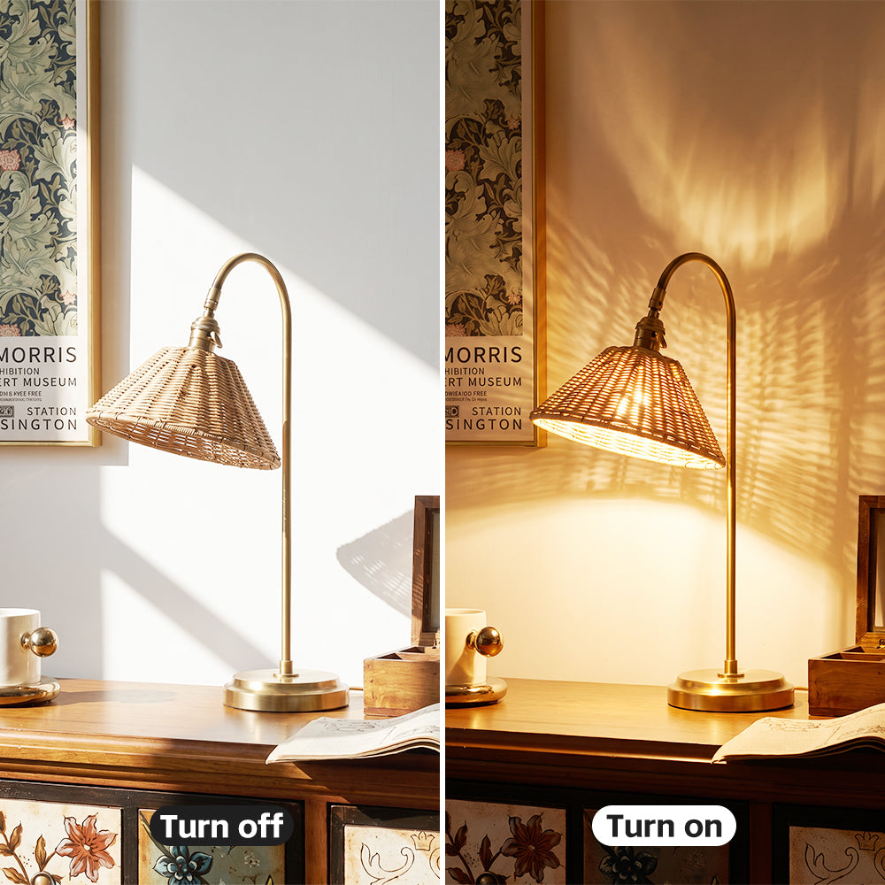 Brass & Rattan Table Lamp Tapered Woven Shade Accent Light Secondary image