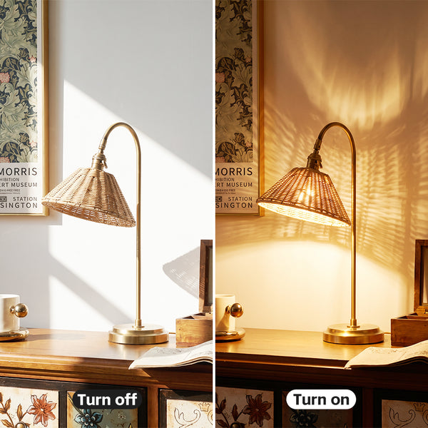Brass & Rattan Table Lamp Tapered Woven Shade Accent Light