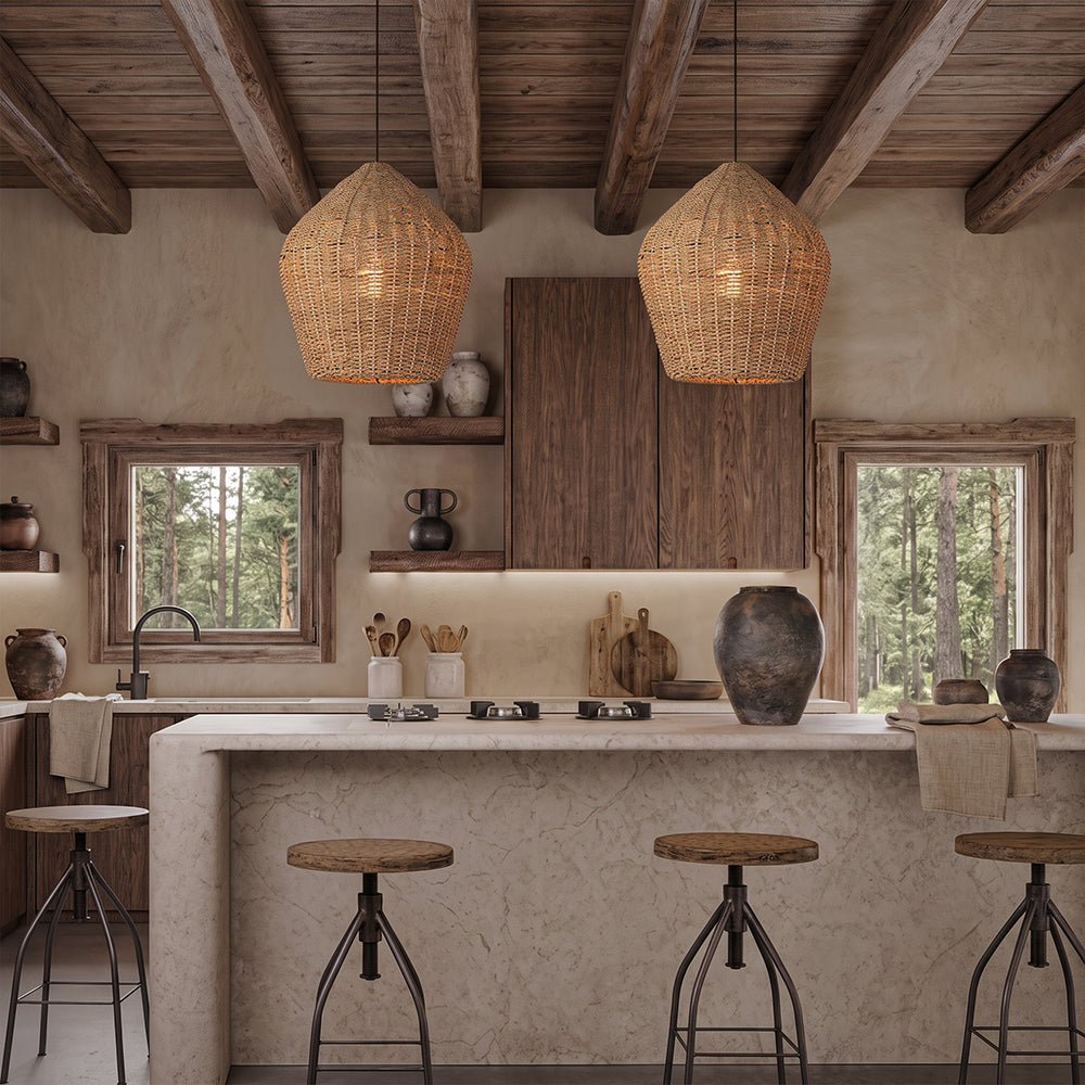 Wabi-Sabi Rattan Pendant Light Rustic Grass Kitchen Island Chandelier