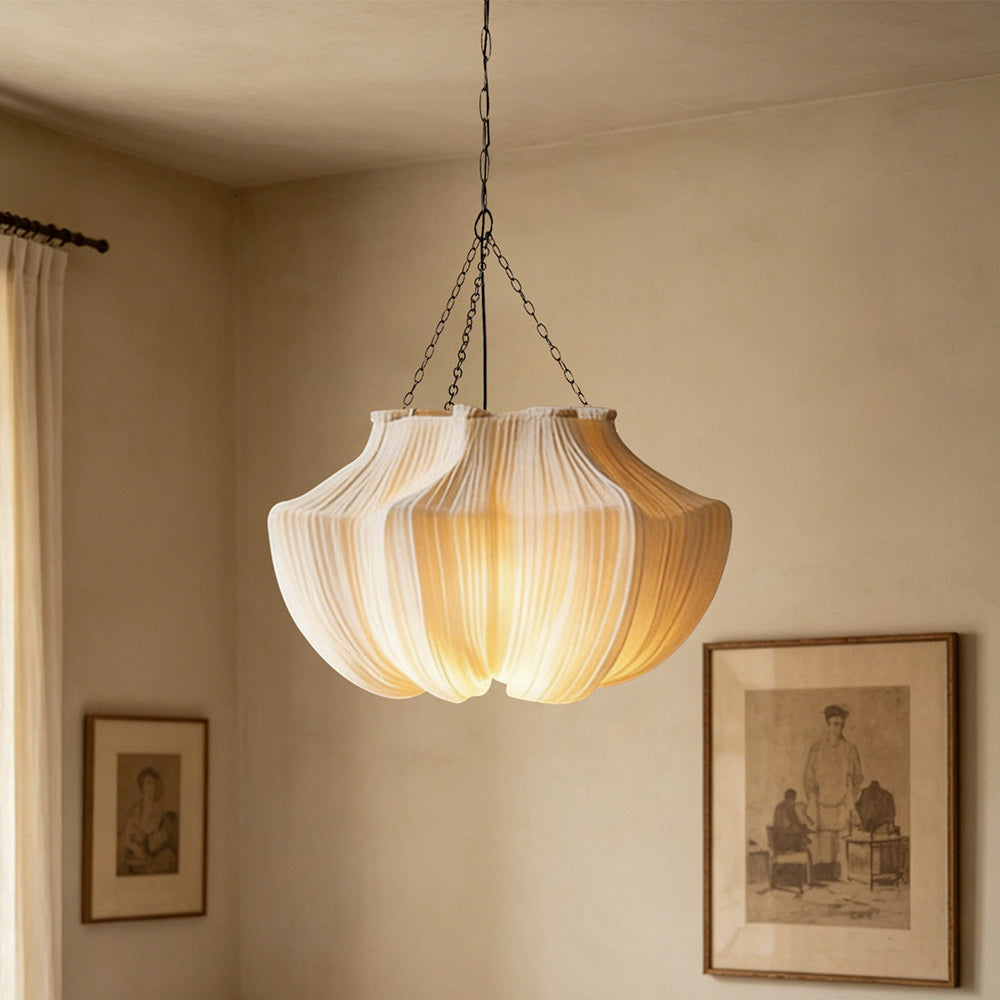 French Vintage Pleated Pendant Light Wabi-Sabi Fabric Dining Chandelier